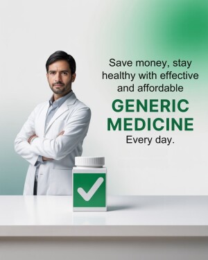 Doctor promoting affordable generic medicine with a pill bottle.