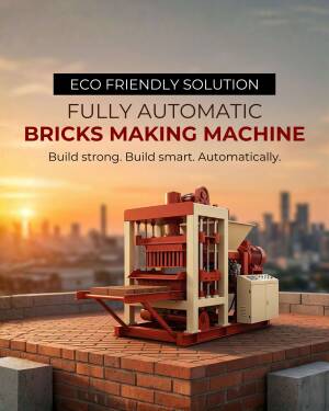A fully automatic brick-making machine on a rooftop at sunset, showcasing eco-friendly construction technology.