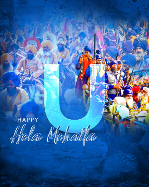 Image depicting a festive Hola Mohalla celebration with a large 'U' overlay.