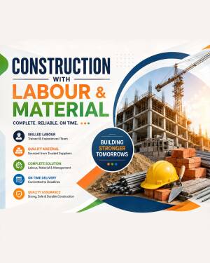 Construction project showing building structure, crane, yellow safety helmet, and bricks with construction services text