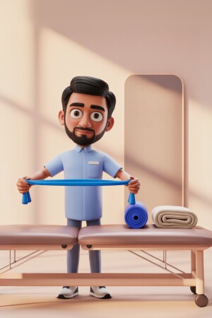 3D rendering of a male physiotherapist performing an exercise with a resistance band.