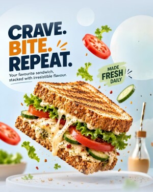 A delicious looking gourmet sandwich floating with fresh ingredients like tomato slices, lettuce, and cucumber on a light blue background
