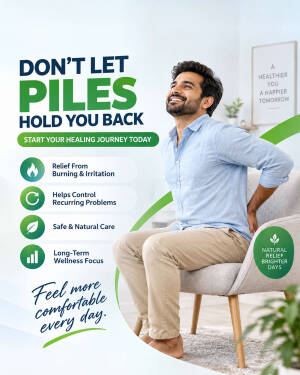 A smiling man sitting comfortably in a chair, representing relief from piles, with text highlighting the benefits of natural treatment.