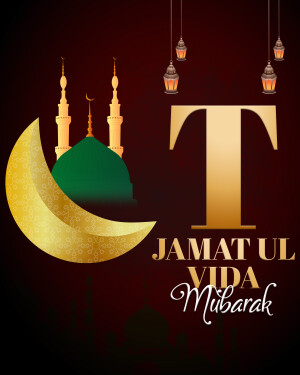 Islamic greeting card with crescent moon, mosque, and text 'Jamat Ul Vida Mubarak'