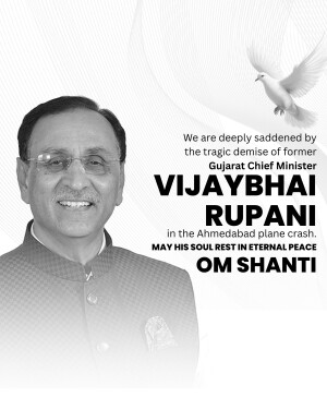 Portrait of Vijarbhai Rupani with a dove and memorial text.