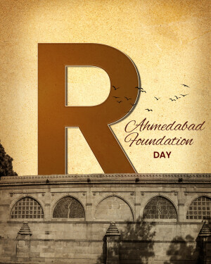 Letter R with birds flying over Ahmedabad cityscape for Foundation Day