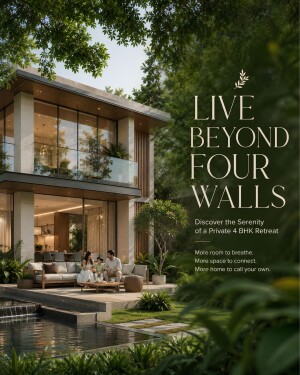 A luxury modern villa with a family relaxing on the patio by a swimming pool, promoting a 4 BHK retreat.