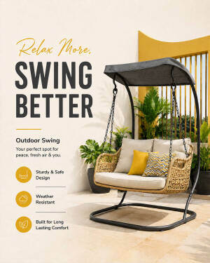Modern outdoor rattan swing chair with cushions and canopy in a patio setting
