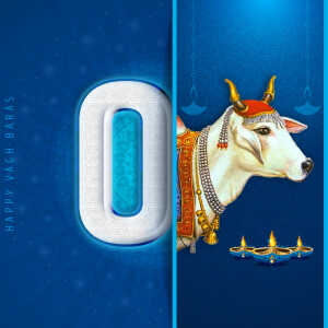 Image depicting a cow and the number 0 with a festive background for Govardhan Puja