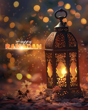 A beautifully lit Ramadan lantern with bokeh lights and flowers.