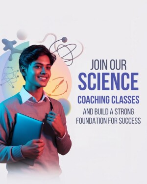 Young student with science-themed graphics promoting science coaching classes.