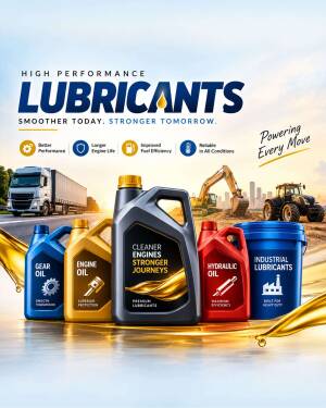 A display of various lubricant bottles for engines, gear oil, hydraulic oil, and industrial machinery, featuring construction vehicles in the background.