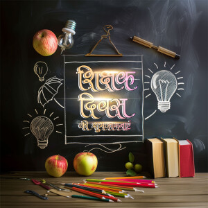 Teachers Day celebration with books, apples, and light bulbs on a chalkboard