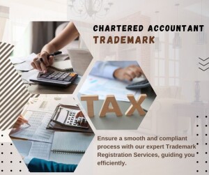 Image depicting a Chartered Accountant working with financial documents and a trademark registration message.