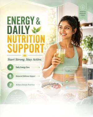 A smiling woman holding a green smoothie with text overlay about daily energy and nutrition support