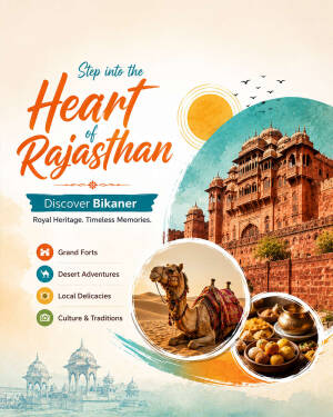 Bikaner travel tourism poster featuring Junagarh Fort, a camel, and local Rajasthani delicacies