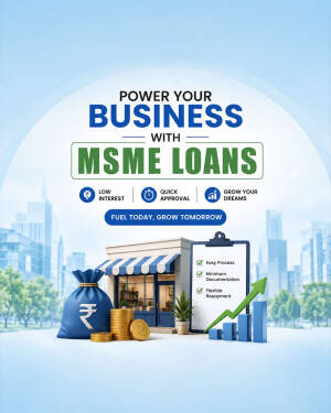 A bright digital advertisement for MSME business loans featuring a small store, a money bag, gold coins, and a growth chart on a light blue background.