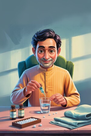 Portrait of a man in traditional Indian attire preparing Ayurvedic medicine.