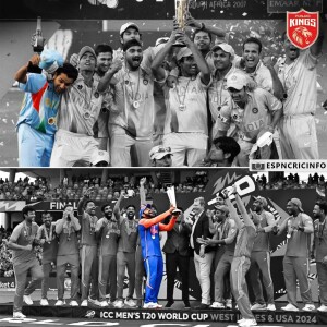 Indian cricket team celebrating victory with the T20 World Cup trophy in 2007 and 2024.