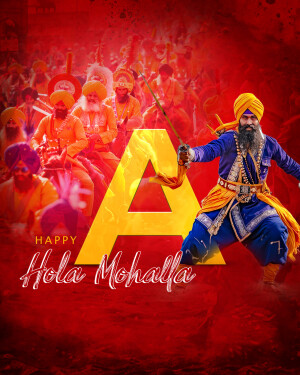 A vibrant digital artwork depicting a Sikh warrior with a large 'A' and a crowd celebrating Hola Mohalla.