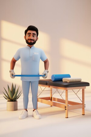 3D rendering of a male physiotherapist doing a resistance band exercise.
