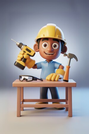 3D rendering of a smiling cartoon construction worker holding a drill and with a hammer nearby.