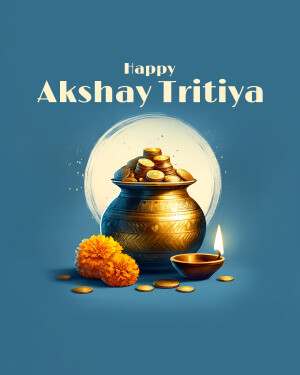Akshaya Tritiya festive image with pot of gold coins, flowers, and diya