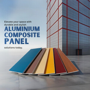 Display of various colored aluminum composite panels with a building facade in the background.