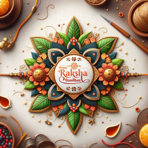 Intricate floral Raksha Bandhan design with a central 'Raksha Bandhan' text.