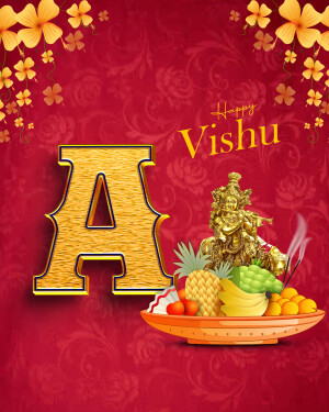 Vishu greeting with letter A, Krishna, and fruit platter