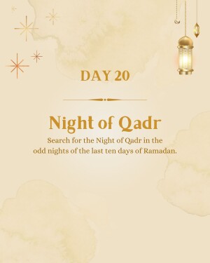 Ramadan Day 20 - Night of Qadr illustration with golden accents and text.