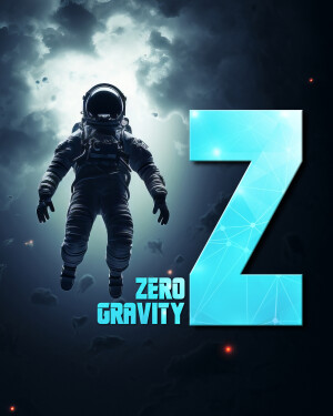 Astronaut floating in space with a large letter Z and the words 'Zero Gravity'