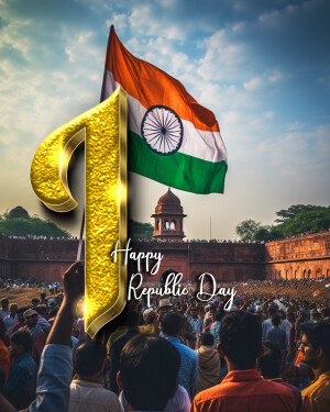 Indian flag waving with a crowd and historical monument in the background