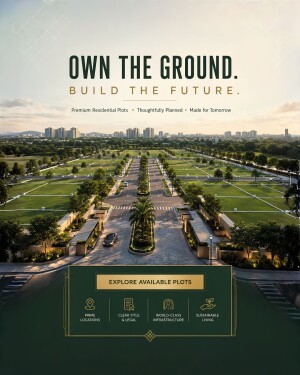 A high-end residential real estate development advertisement featuring green plots and a sunset landscape view.