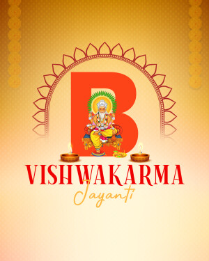 Vishwakarma Jayanti celebration with Lord Vishwakarma and the letter 'B'