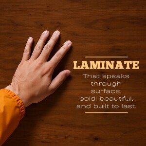 A hand touching a laminate wood surface with the word 'Laminate' displayed prominently.