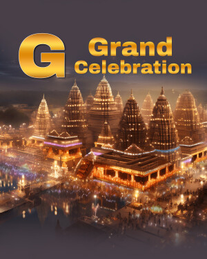 Image depicting a grand celebration with the letter 'G' and a cityscape resembling Ayodhya.