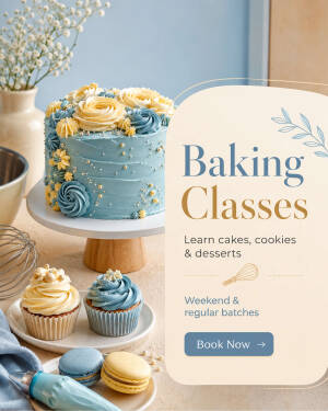 A beautifully decorated blue and yellow cake on a stand next to cupcakes and macarons, promoting baking classes.