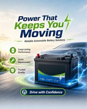 A high-performance car battery positioned on a road background with lightning effects, promoting reliable automobile battery solutions.