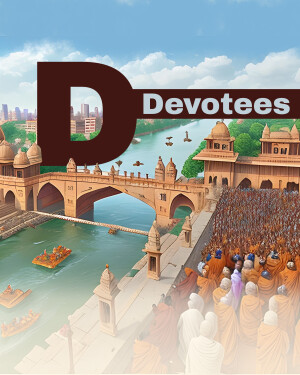 A vibrant illustration depicting a large gathering of devotees near a river ghat with historical architecture.