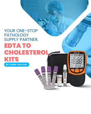 Image showcasing EDTA to Cholesterol kits and pathology lab equipment.