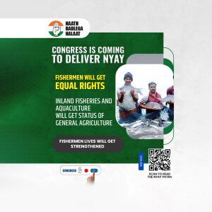 Political advertisement by Indian National Congress highlighting promises for fishermen.