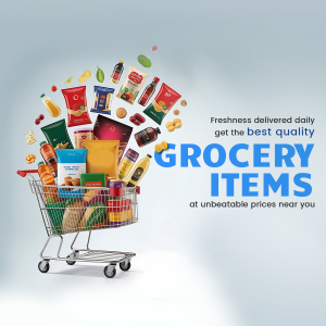 Shopping cart overflowing with grocery items, promoting online grocery delivery.
