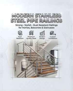 Modern interior staircase featuring sleek stainless steel pipe railings with wooden steps in a bright home interior