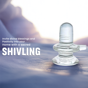 Clear crystal Shivling on a blurred background with text promoting positivity.