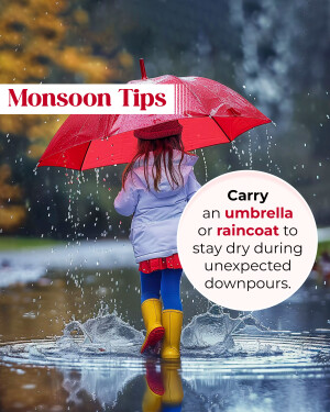 A child with a red umbrella walking in the rain with a text overlay providing monsoon tips.