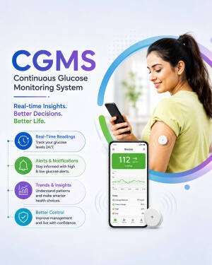 A young woman wearing a continuous glucose monitor on her arm while checking her smartphone with a health app.