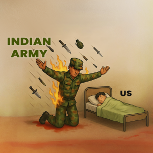 Illustration of an Indian Army soldier shielding a sleeping family from falling threats.