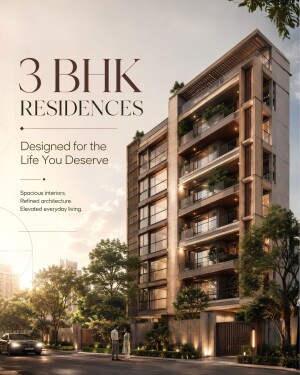 Modern multi-story 3 BHK luxury residential building facade at sunset
