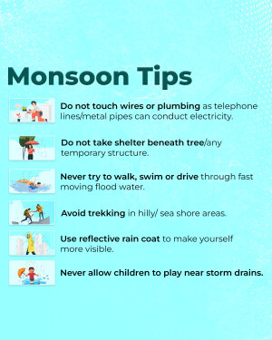 Infographic illustrating monsoon safety tips to avoid during heavy rain and storms.